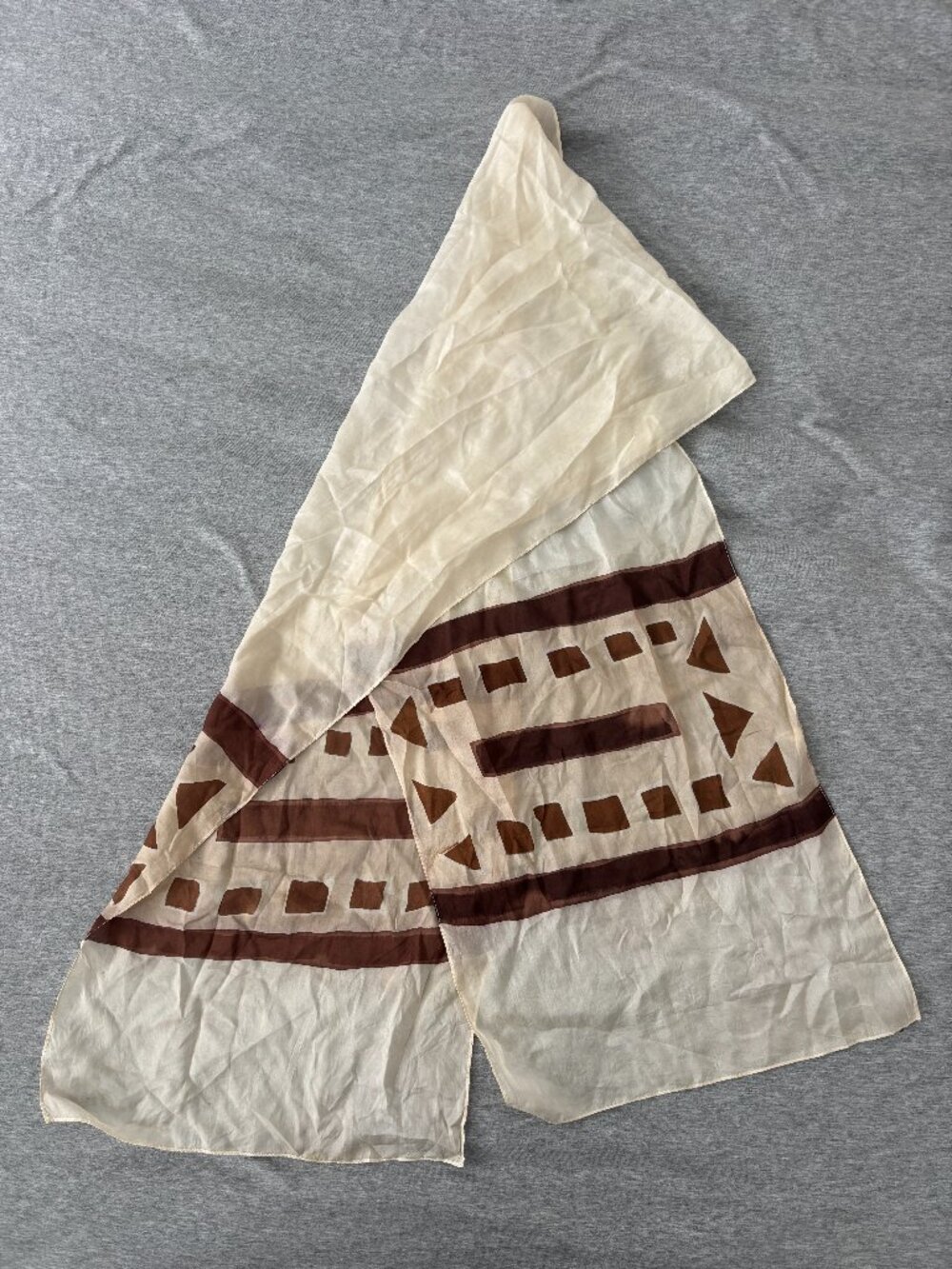 Vintage Silk Scarf Hand Painted Boho Whimsigoth Abstract Geometric Earthy Brown
